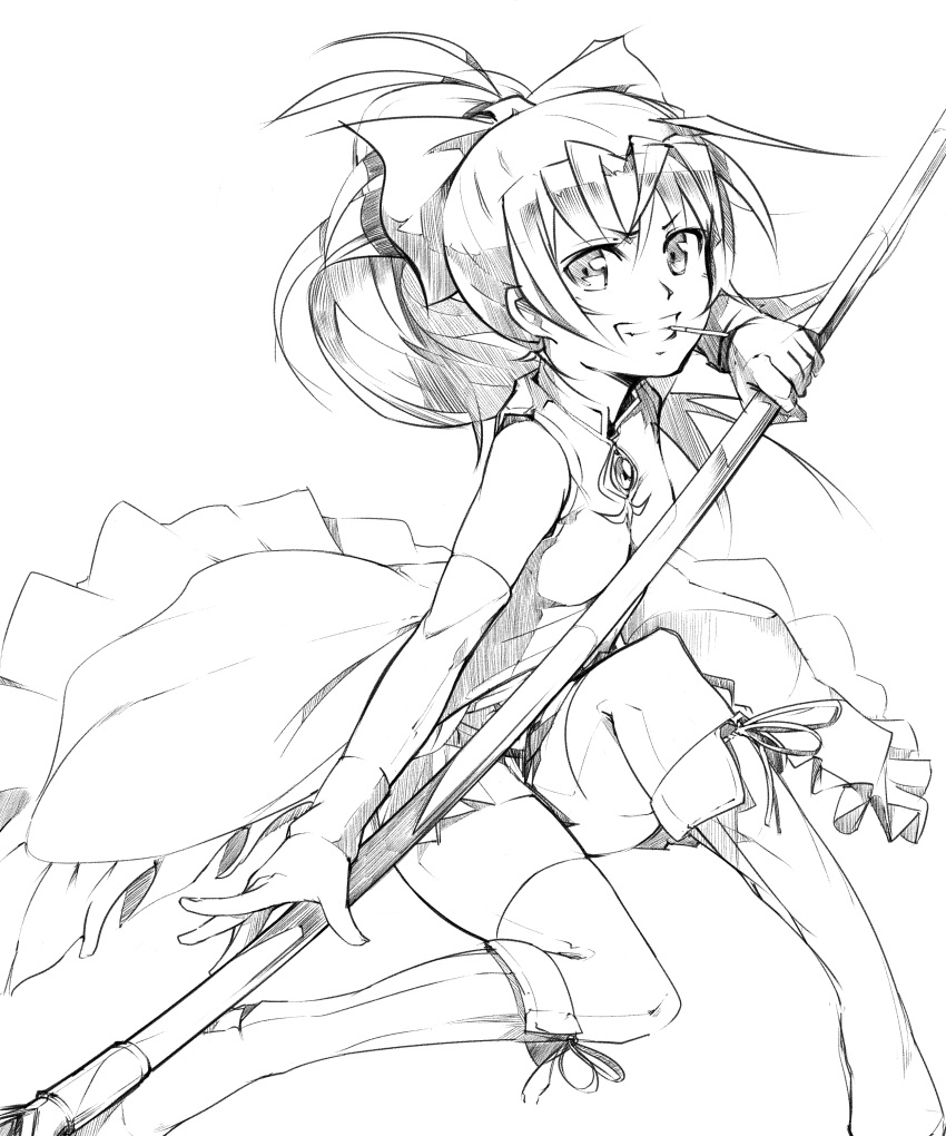 absurdres boots bow hair_bow highres long_hair magical_girl mahou_shoujo_madoka_magica monochrome mouth_hold pocky polearm pomon_illust ponytail sakura_kyouko sketch solo spear thigh-highs thighhighs transparent_background weapon