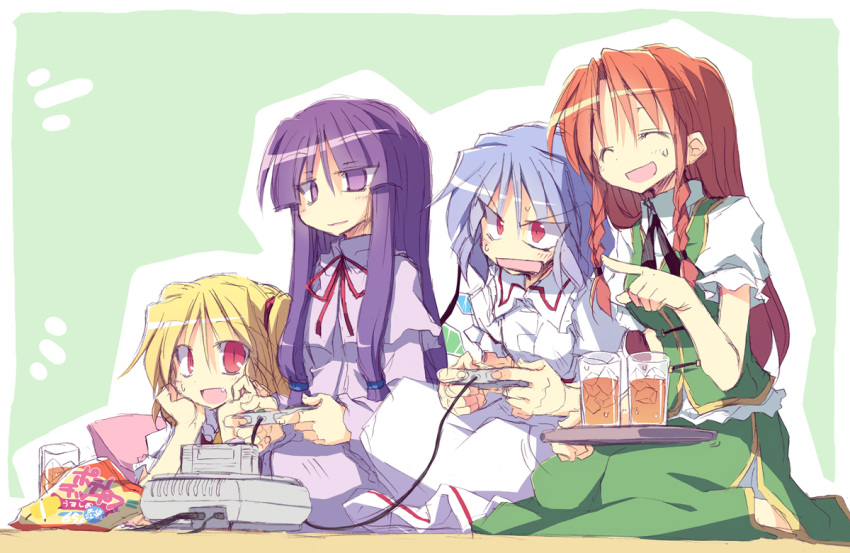:d ^_^ blonde_hair blue_hair braid closed_eyes controller eyes_closed fang flandre_scarlet game_controller glass holding hong_meiling long_hair multiple_girls no_hat no_headwear open_mouth patchouli_knowledge playing_games pointing purple_eyes purple_hair red_eyes red_hair redhead remilia_scarlet satoukibi side_ponytail sitting smile super_nintendo sweatdrop touhou twin_braids violet_eyes