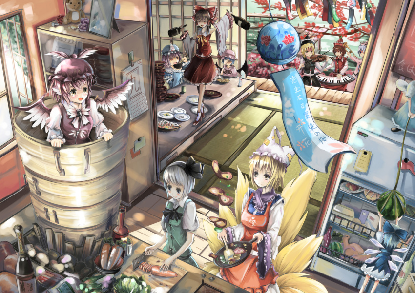 absurdres apron armband ascot bird_wings blonde_hair blue_eyes blue_hair blush bottle bowl brooch brown_hair bucket cabbage calendar calendar_(object) carrot cherry_blossoms chopsticks cirno cleaver closed_eyes cooking crescent cup cutting_board daikon daiyousei detached_sleeves drunk eating eyes_closed fairy_wings food fox_tail fruit hakurei_reimu hand_on_own_face hat hat_with_ears high_heels highres in_bucket in_container indoors instrument japanese_clothes jewelry keyboard_(instrument) kimono konpaku_youmu lavender_hair long_sleeves looking_at_another looking_up lunasa_prismriver lyrica_prismriver meat merlin_prismriver miko multiple_girls multiple_tails mystia_lorelei on_table open_mouth photo_(object) pink_eyes pink_hair plate qianqian refrigerator remilia_scarlet saigyouji_yuyuko shaded_face shoes skeleton skirt smile star stuffed_animal stuffed_toy table tail tatami teeth touhou triangular_headpiece trumpet veranda vest violin walking watermelon white_hair wind_chime window wings yakumo_ran yellow_eyes