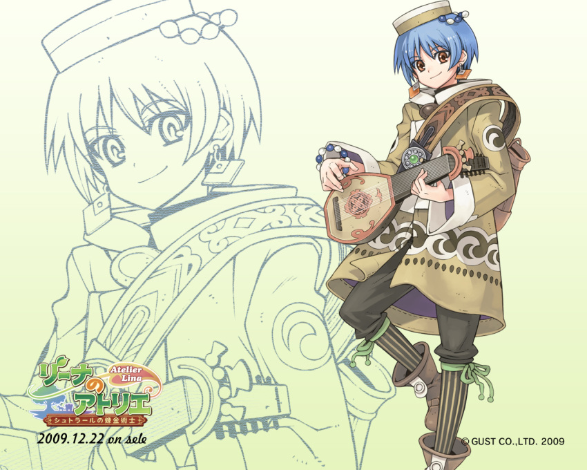 2009 atelier_(series) atelier_lina bag blue_hair brown_eyes character_request coat copyright_name dated gradient gradient_background hat instrument official_art pants shoes short_hair smile solo ukulele wallpaper watanuki_nao white_background yellow_background zoom_layer