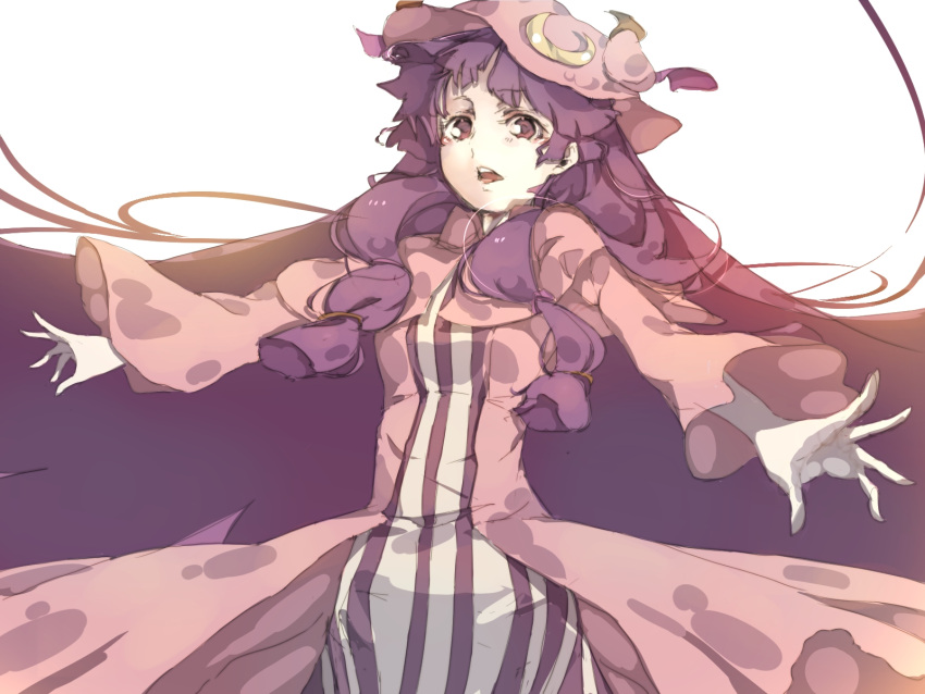 crescent dress hat highres long_hair open_mouth patchouli_knowledge pisoshi purple_eyes purple_hair solo touhou violet_eyes white_background