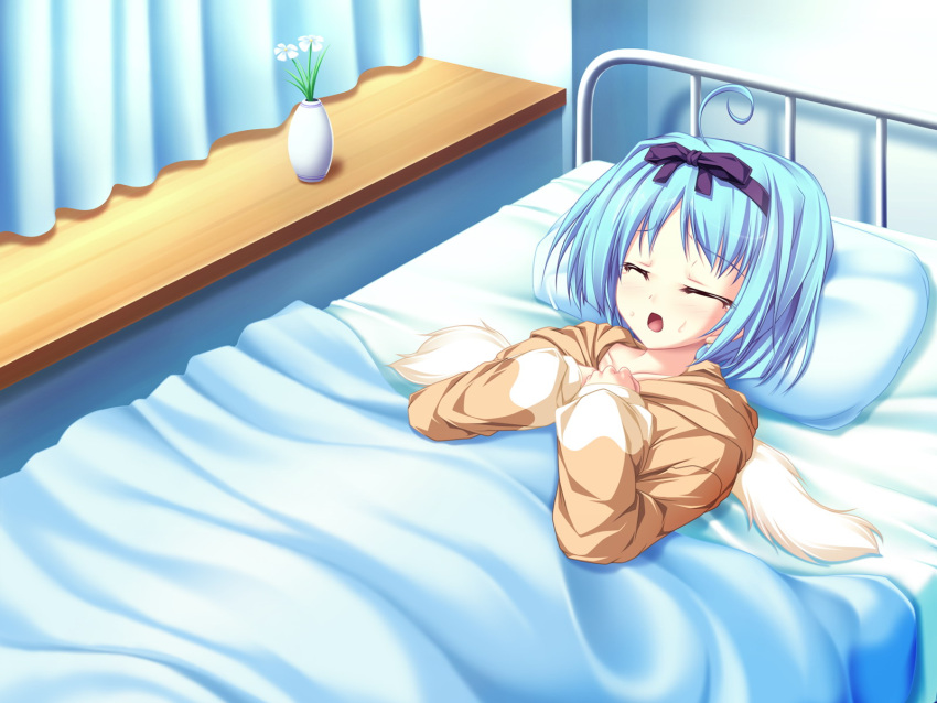 bed blue_hair bow flower kujou_yuuka magus_tale pajamas ribbons short_hair sleeping tenmaso