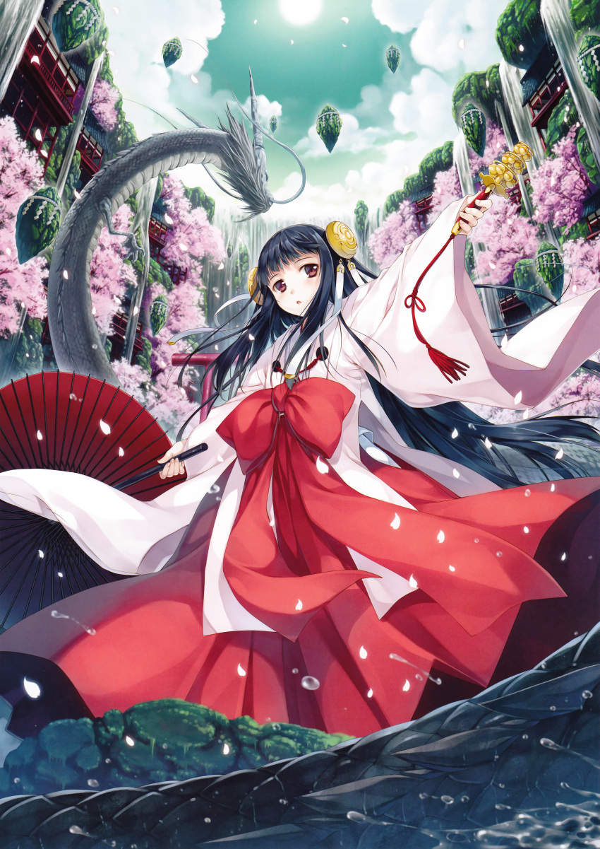 :o absurdres bell black_hair bow brown_eyes cherry_blossoms dragon east_asian_architecture eastern_dragon floating_rock highres japanese_clothes jingle_bell kagura_suzu keg keystone long_hair miko open_mouth oriental_umbrella original outstretched_arms petals possible_duplicate shide solo spread_arms sun umbrella very_long_hair water water_drop waterfall