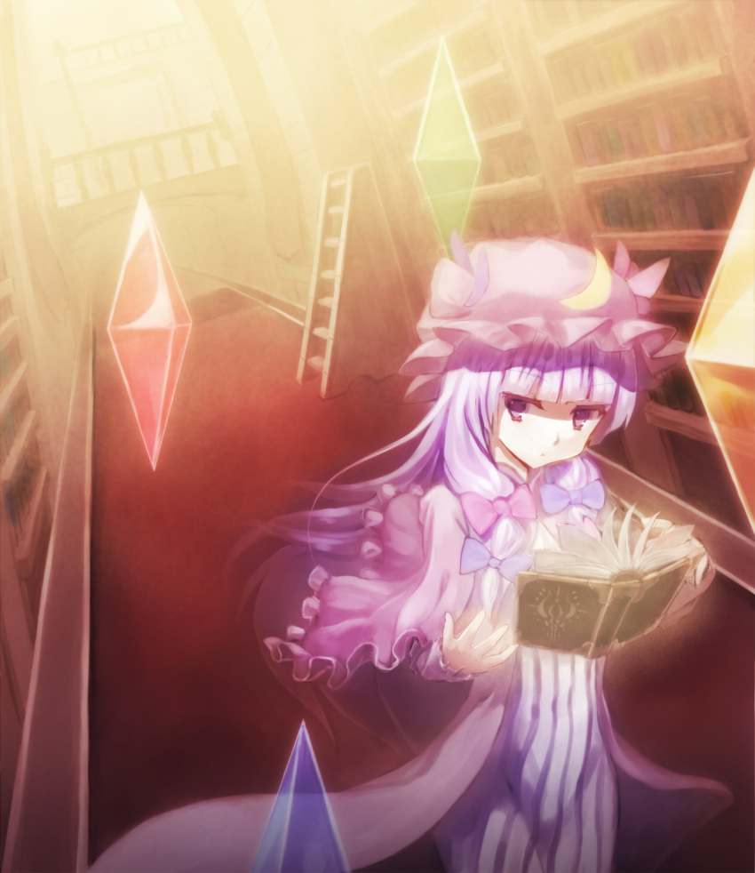 blush book bookshelf bow breasts crescent crystal dress ecens hair_bow hat highres library long_hair patchouli_knowledge philosopher's_stone philosopher's_stone purple_eyes purple_hair ribbon solo touhou violet_eyes voile