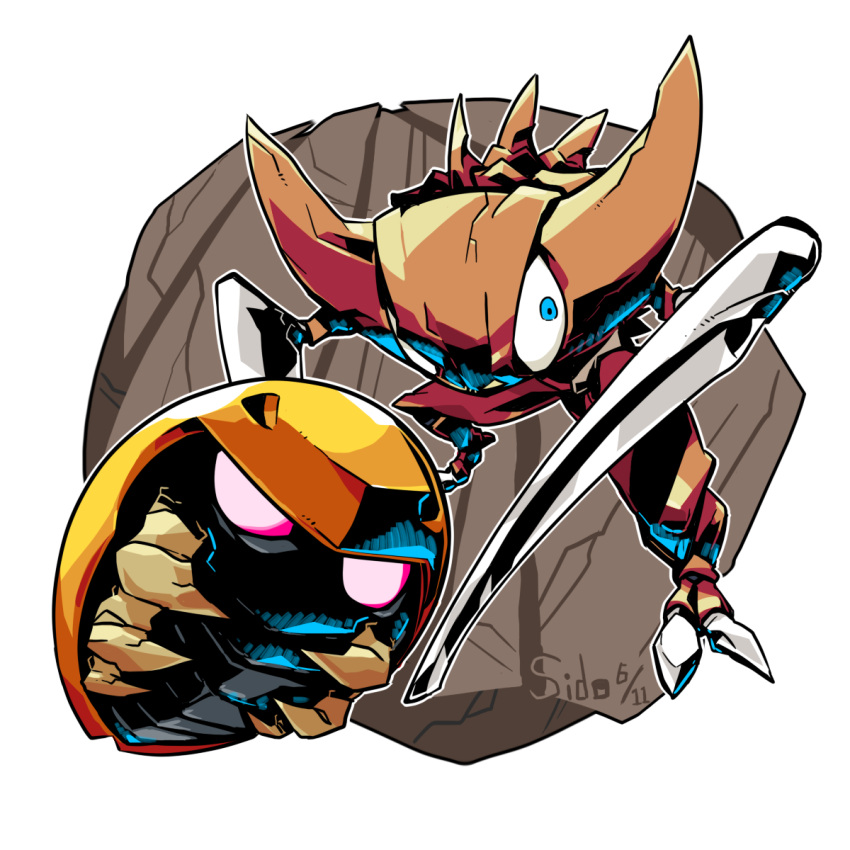 blue_eyes claws creature dated helmet highres kabuto_(pokemon) kabutops monster no_humans pokemon pokemon_(creature) rock sido_(slipknot) signature standing transparent_background trilobite