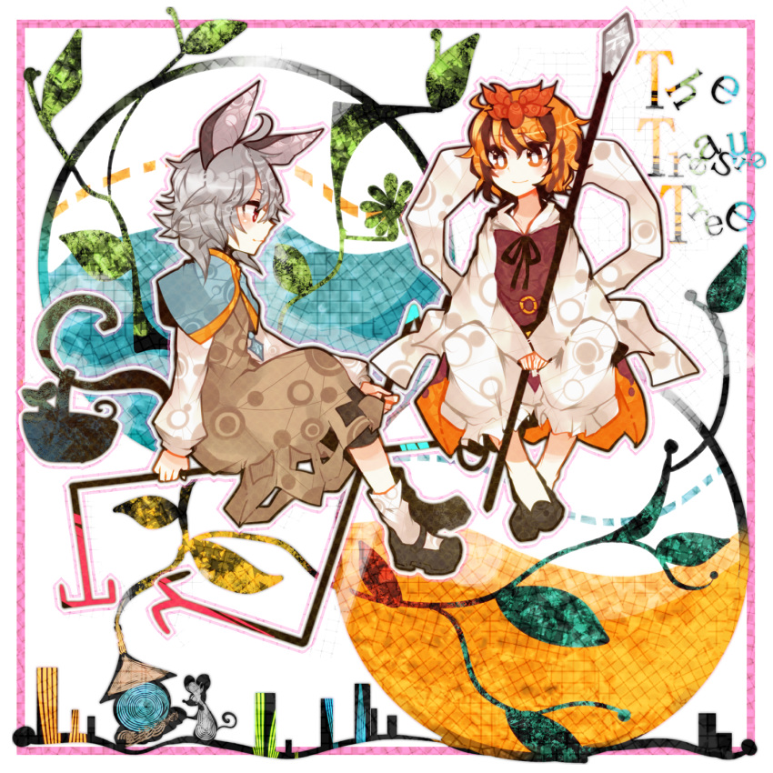 animal_ears bad_id basket blonde_hair dowsing_rod grey_hair hair_ornament highres jeweled_pagoda jewelry mouse mouse_ears mouse_tail multicolored_hair multiple_girls nazrin pendant polearm red_eyes ringetsumon shawl shoes short_hair sitting smile spear tail toramaru_shou touhou two-tone_hair weapon yellow_eyes