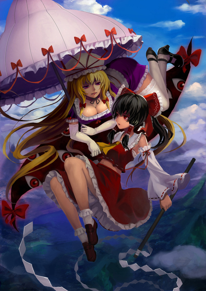 ascot bare_shoulders black_hair blonde_hair bobby_socks bow breasts cleavage cloudy_sky detached_sleeves dress elbow_gloves eyes gap gloves gohei hair_bow hair_tubes hakurei_reimu hat hat_ribbon high_heels highres holding lace lace-trimmed_thighhighs large_breasts legs long_hair looking_at_another midriff miko mountain multiple_girls open_mouth parasol ponytail purple_eyes red_eyes ribbon sarashi shoes smile socks thigh-highs thighhighs thighs touhou umbrella violet_eyes white_gloves white_legwear wide_sleeves yakumo_yukari zqf