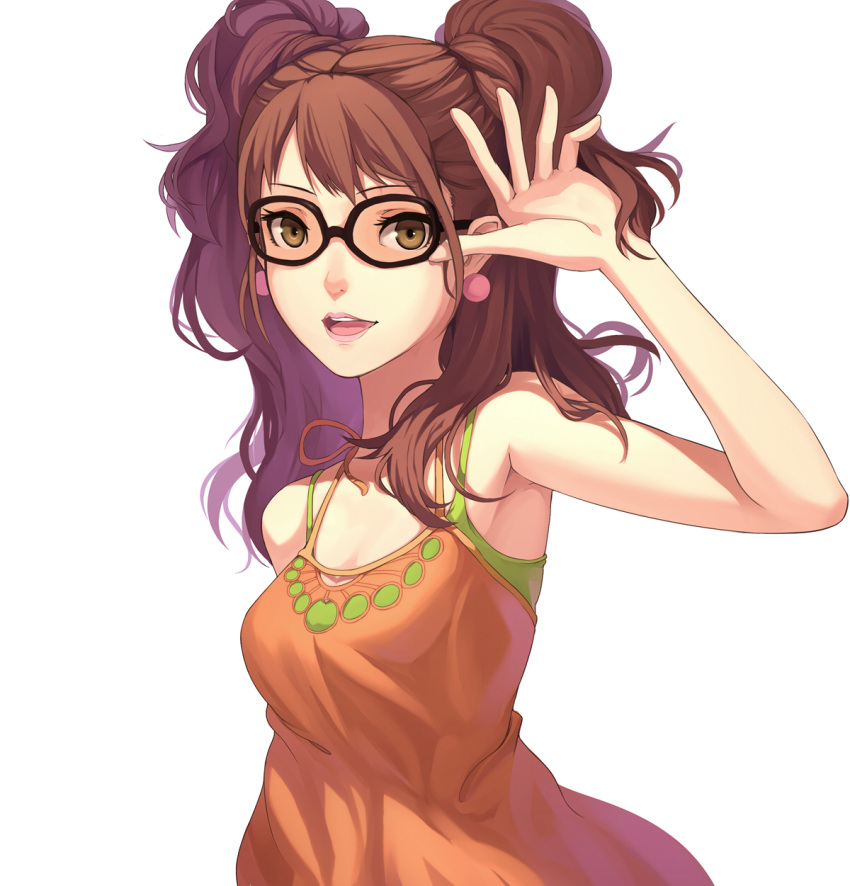 bare_shoulders black-framed_glasses brown_eyes brown_hair earrings fkey glasses highres jewelry kujikawa_rise looking_at_viewer open_mouth parted_lips persona persona_4 simple_background smile solo two_side_up