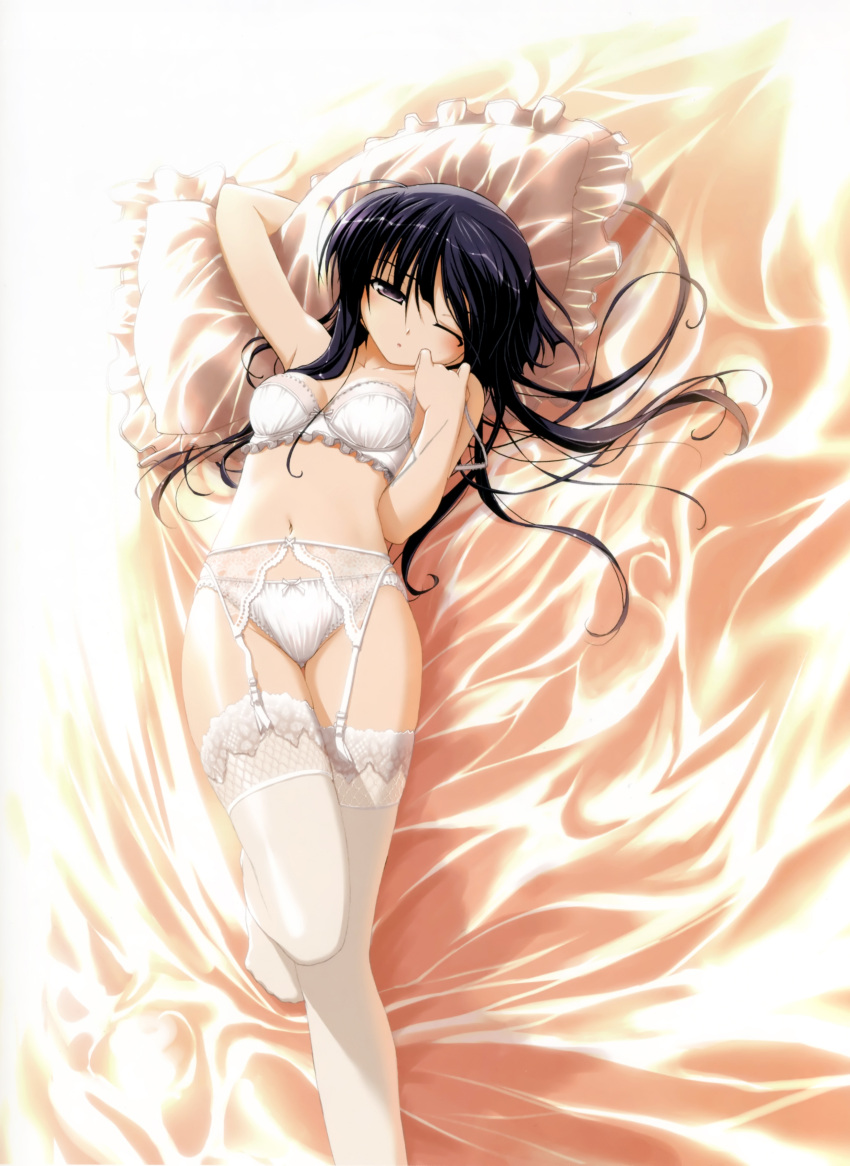 absurdres akata_itsuki bed black_eyes black_hair bra breasts breasts_apart garter_belt garter_straps highres hime-sama_ririshiku! lace lace-trimmed_bra lace-trimmed_panties lace-trimmed_thighhighs legs long_hair lying navel panties pantsu pillow stockings thigh-highs thighhighs underwear