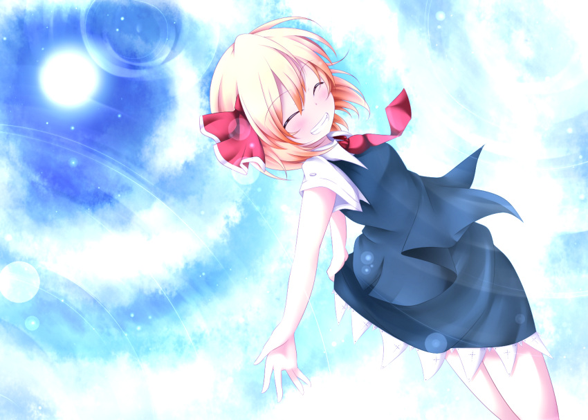 ^_^ blonde_hair blue_sky closed_eyes cloud clouds eyes_closed grin hair_ribbon kuroyume_(dark495) necktie outstretched_arms ribbon rumia short_hair skirt skirt_set sky smile solo sun touhou youkai