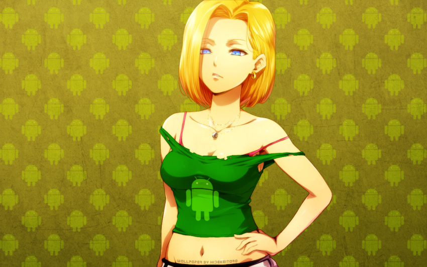 android_(os) android_18 artist_name bare_shoulders blonde_hair blue_eyes blue_hair breasts collarbone derivative_work dragon_ball dragon_ball_z dragonball_z earrings hairu hand_on_hip hidekeitaro hips jewelry midriff namesake navel necklace parted_lips strap_slip tank_top torn_clothes wallpaper