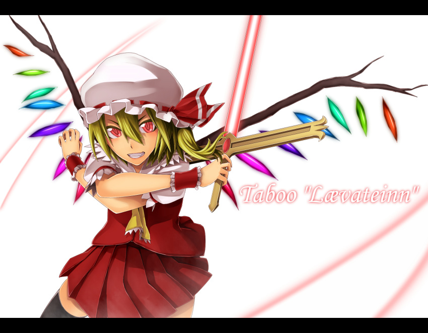ascot bisuke_(k_step2009) black_legwear blonde_hair flandre_scarlet grin hat highres k_step2009 laevatein letterboxed side_ponytail skirt skirt_set smile solo sword thigh-highs thighhighs touhou weapon wings wrist_cuffs