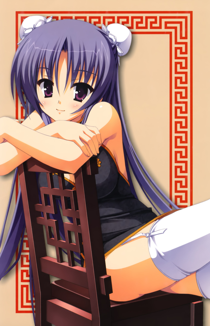 absurdres chair china_dress chinadress chinese_clothes cleavage crossed_arms crossed_legs double_bun garter_straps highres itsukishishihime_no_mikoto itsukishishihimenomikoto kobuichi looking_at_viewer purple_eyes purple_hair sitting sitting_sideways solo tenshinranman thigh-highs thighhighs violet_eyes
