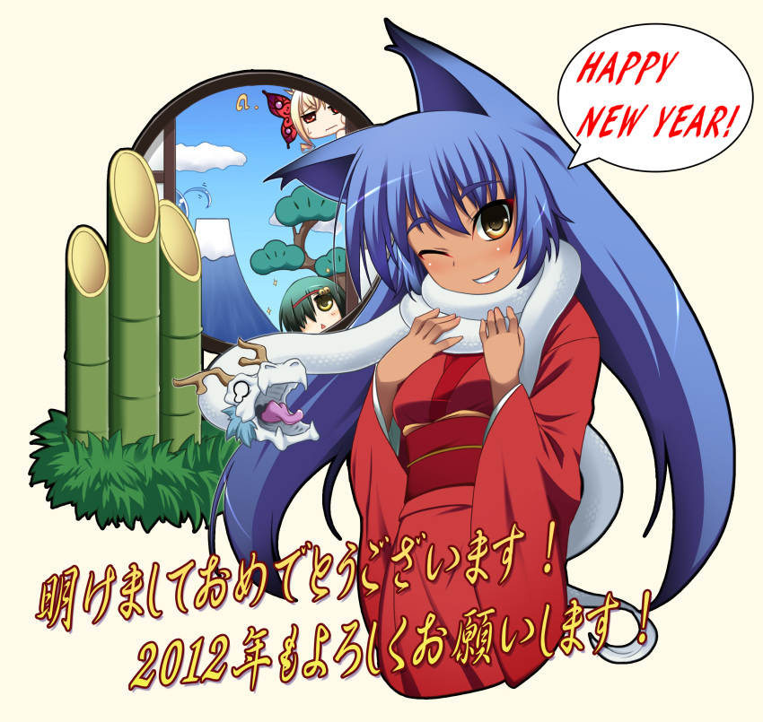 akeome bamboo blue_hair dragon grin happy_new_year highres japanese_clothes kadomatsu kimono kokuyouseki new_year original round_window smile translated window wink