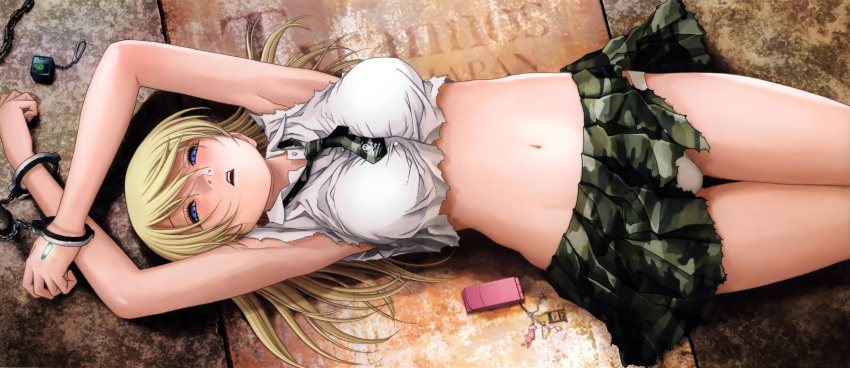 absurdres arms_up blonde_hair blue_eyes bomb btooom! camouflage cuffs handcuffs highres himiko_(btooom!) inoue_jun'ya inoue_junya long_hair lying midriff nail_polish navel necktie official_art on_back open_mouth pleated_skirt restrained scan skirt solo thigh_gap thighs timer torn_clothes torn_shirt torn_skirt white_legwear woodland_pattern