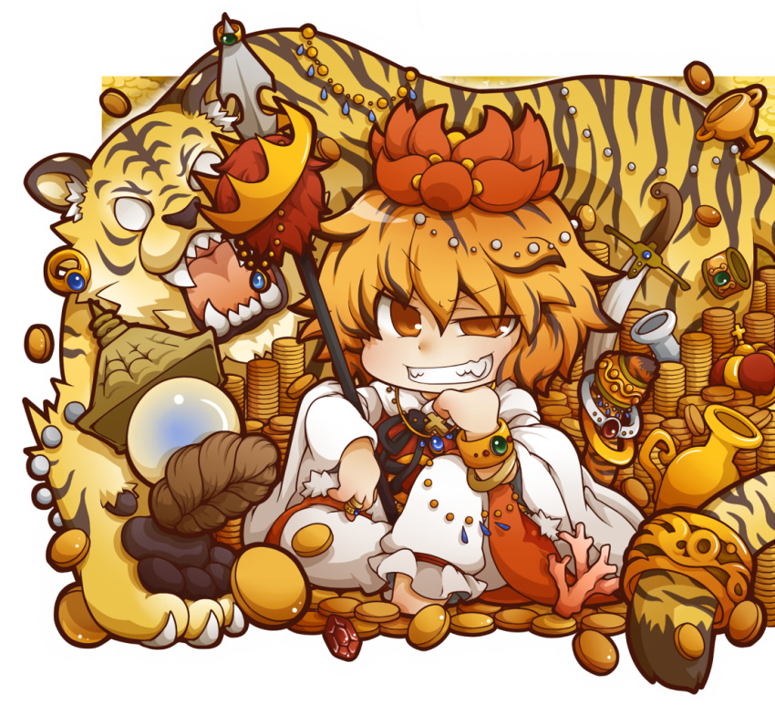 blonde_hair bracelet brown_eyes chin_rest claws coin coral cross crown fangs gem goblet grin gurageida hair_ornament jeweled_pagoda jewelry multicolored_hair necklace no_pupils polearm ring scimitar sitting smile solo spear sword tail tiger tiger_tail toramaru_shou touhou treasure two-tone_hair urn weapon