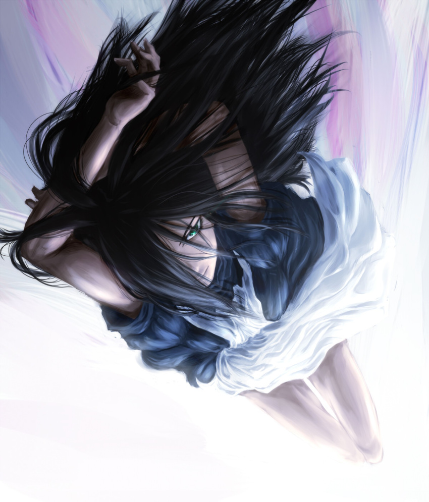alice:_madness_returns alice_(wonderland) alice_in_wonderland american_mcgee's_alice american_mcgee's_alice arms_up black_hair ceramic_man dress dutch_angle falling foreshortening green_eyes hair_over_one_eye highres lips long_hair looking_at_viewer solo
