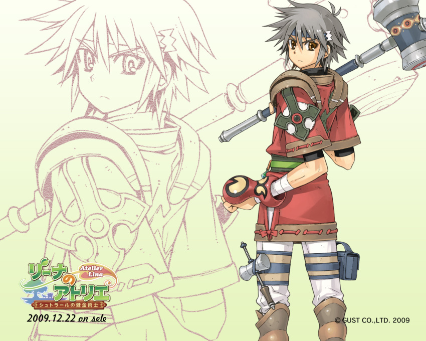 1boy 2009 atelier_(series) atelier_lina boots brown_eyes copyright_name dated frown gradient gradient_background grey_hair hammer headband jacket logo looking_back luon_volk male official_art over_shoulder pants solo wallpaper watanuki_nao white_background yellow_background zoom_layer