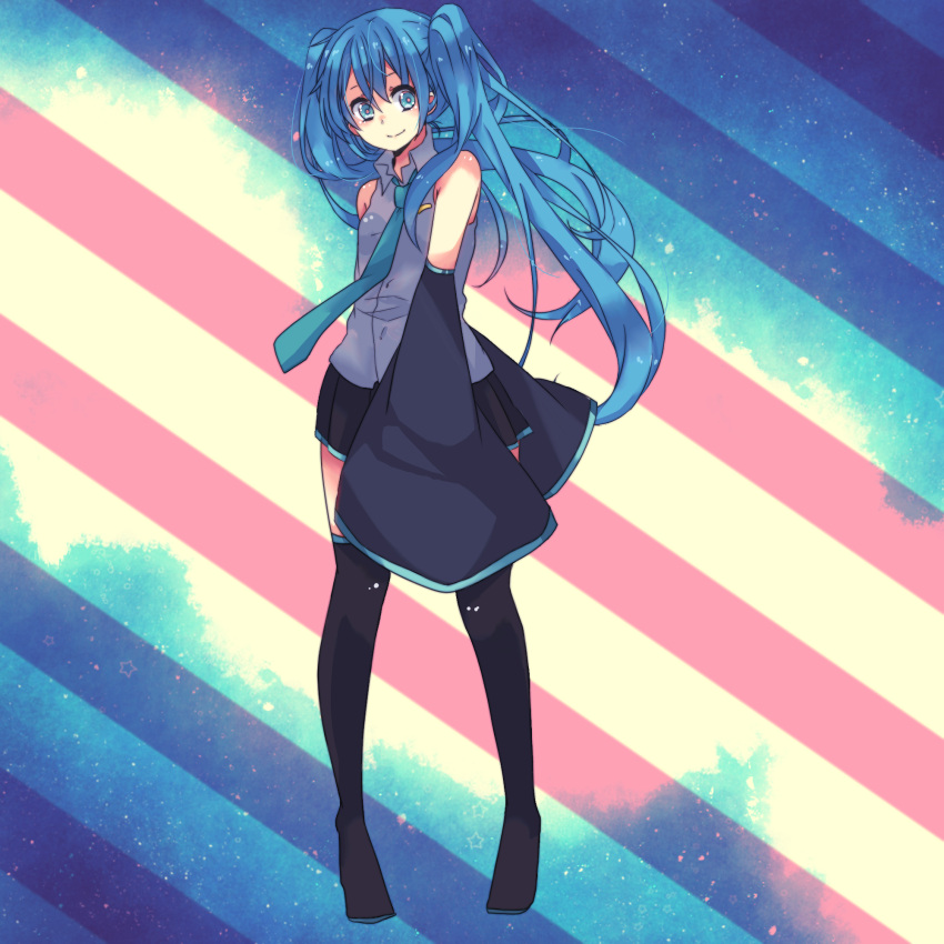 aqua_eyes aqua_hair boots detached_sleeves hatsune_miku highres long_hair necktie skirt sleeves_past_wrists smile solo stipred_background striped striped_background thigh-highs thigh_boots thighhighs twintails vocaloid