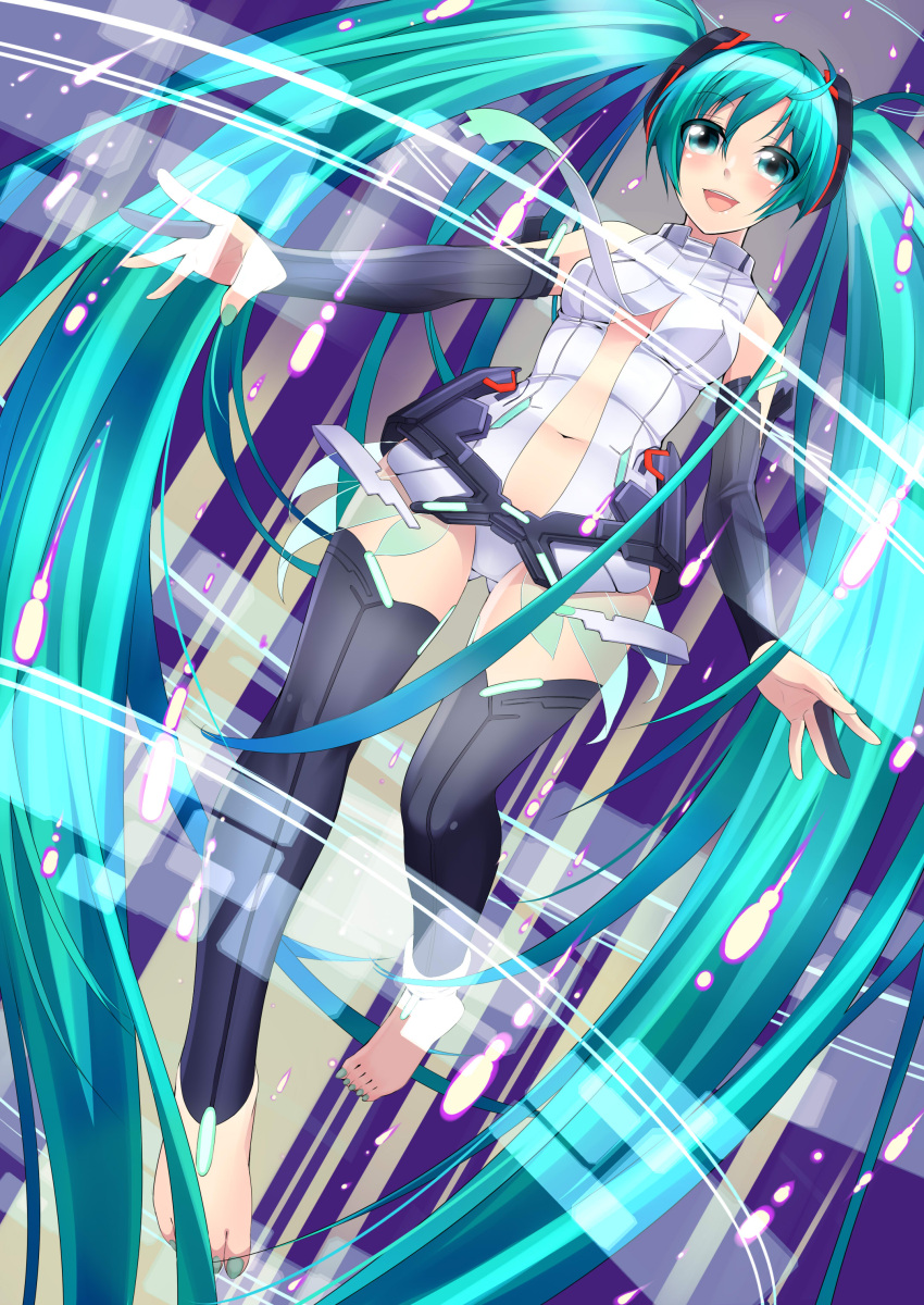 absurdres aqua_eyes aqua_hair barefoot breasts bridal_gauntlets center_opening elbow_gloves fingerless_gloves gloves hatsune_miku hatsune_miku_(append) highres long_hair miku_append nail_polish navel necktie open_mouth pon_(pompokopon) smile solo thigh-highs thighhighs toenail_polish twintails very_long_hair vocaloid vocaloid_append