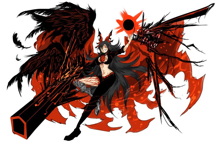 absurdres alternate_costume alternate_weapon alternate_wings arm_cannon arm_up asymmetrical_clothes bikini_top black_hair black_wings boots bow breasts cape crazy_eyes energy_ball grin hair_bow highres large_breasts long_hair looking_at_viewer mechanical_wings midriff multiple_wings navel pants reiuji_utsuho shigureru shirt smile solo third_eye touhou veins veranda weapon wings