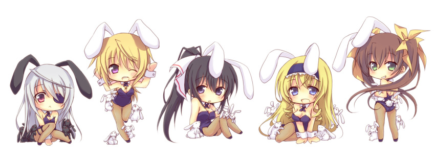 :&lt; animal_ears bare_shoulders black_hair blonde_hair blue_eyes breasts brown_hair bunny bunny_ears bunny_girl bunny_tail bunnysuit cecilia_alcott charlotte_dunois chibi cleavage detached_collar eyepatch fishnet_pantyhose fishnets green_eyes grin holding huang_lingyin infinite_stratos large_breasts laura_bodewig long_hair miyata_(miyatami07) multiple_girls open_mouth pantyhose pink_eyes ponytail purple_eyes rabbit rabbit_ears red_eyes shinonono_houki shoes side_ponytail silver_hair sitting smile tail twintails violet_eyes wrist_cuffs