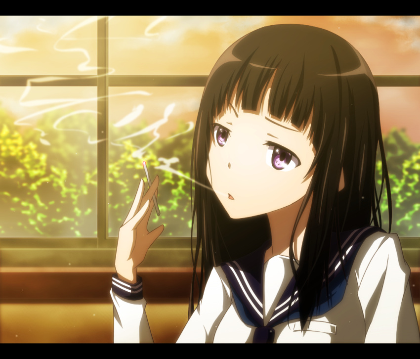 black_hair chitanda_eru cigarette hime_cut hyouka letterboxed long_hair purple_eyes school_uniform serafuku smoke smoking solo violet_eyes xxxx