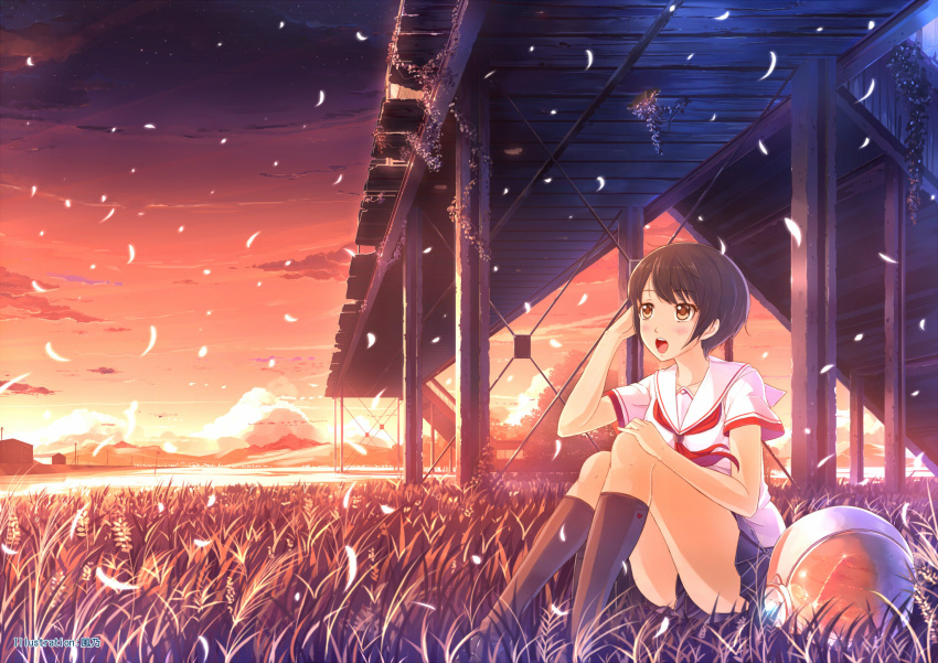 brown_eyes brown_hair cloud highres kazeno kneehighs legs miniskirt original pleated_skirt school_uniform short_hair skirt sky solo sunset thighs