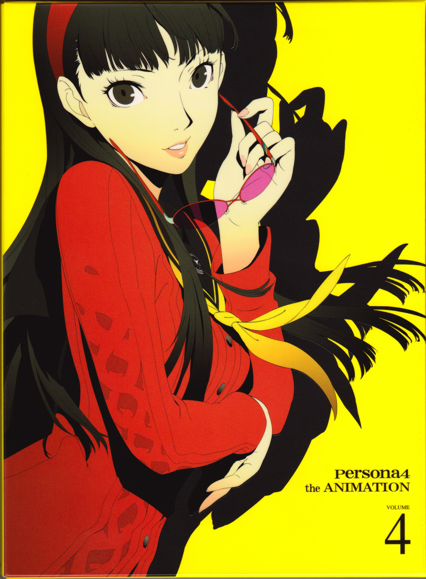 absurdres amagi_yukiko bangs black_eyes black_hair blunt_bangs glasses hairband highres hime_cut long_hair looking_at_viewer official_art persona persona_4 red-framed_glasses scan school_uniform simple_background skirt smile soejima_shigenori solo