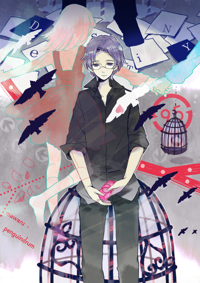 1girl alice_sora birdcage blue_eyes blue_hair cage dress ghost glasses highres mawaru_penguindrum oginome_momoka pink_hair purple_eyes purple_hair tabuki_keiju violet_eyes