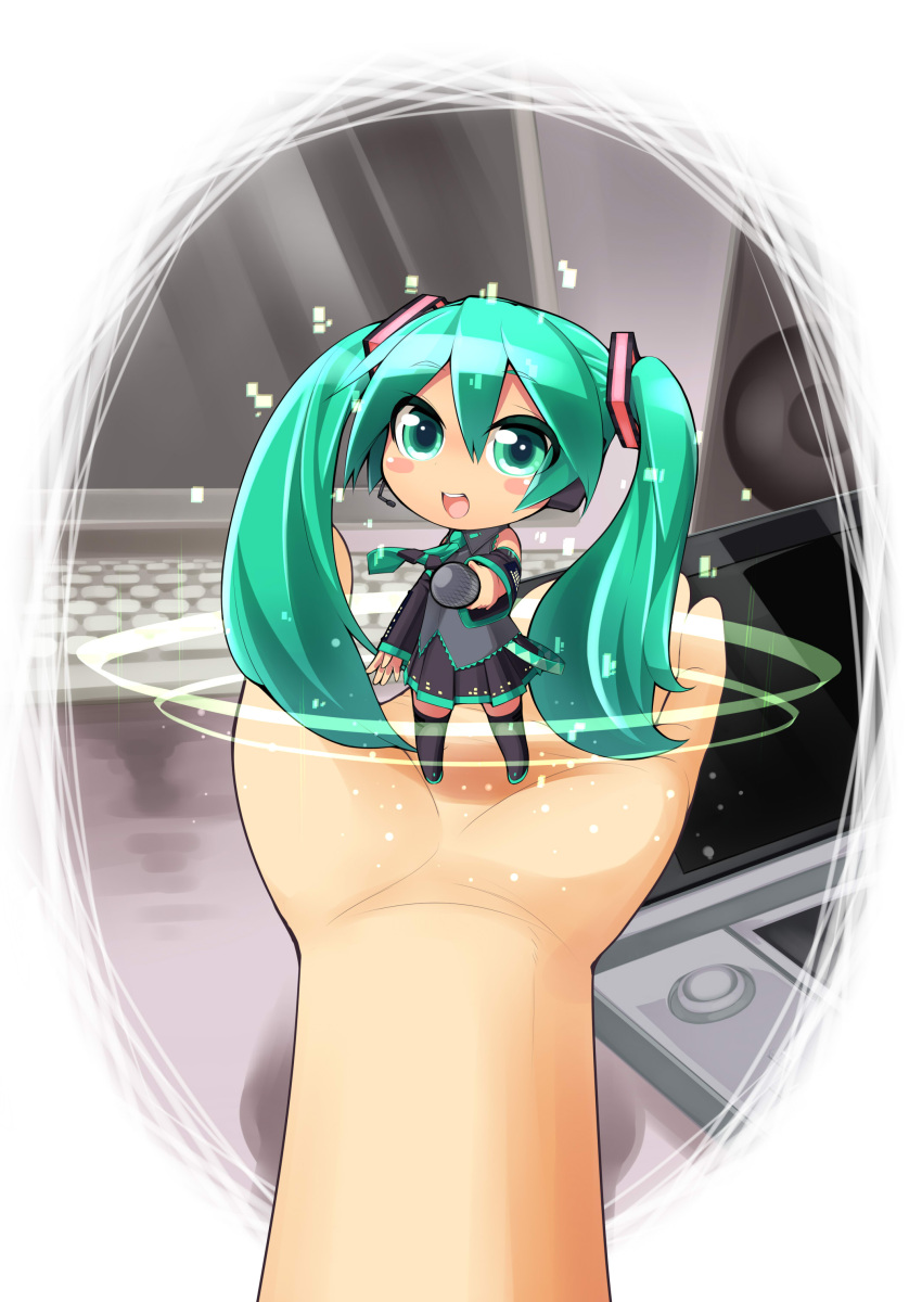absurdres aqua_eyes aqua_hair chibi detached_sleeves hands hatsune_miku highres looking_at_viewer microphone minigirl open_mouth pon_(pompokopon) pov smile twintails vocaloid
