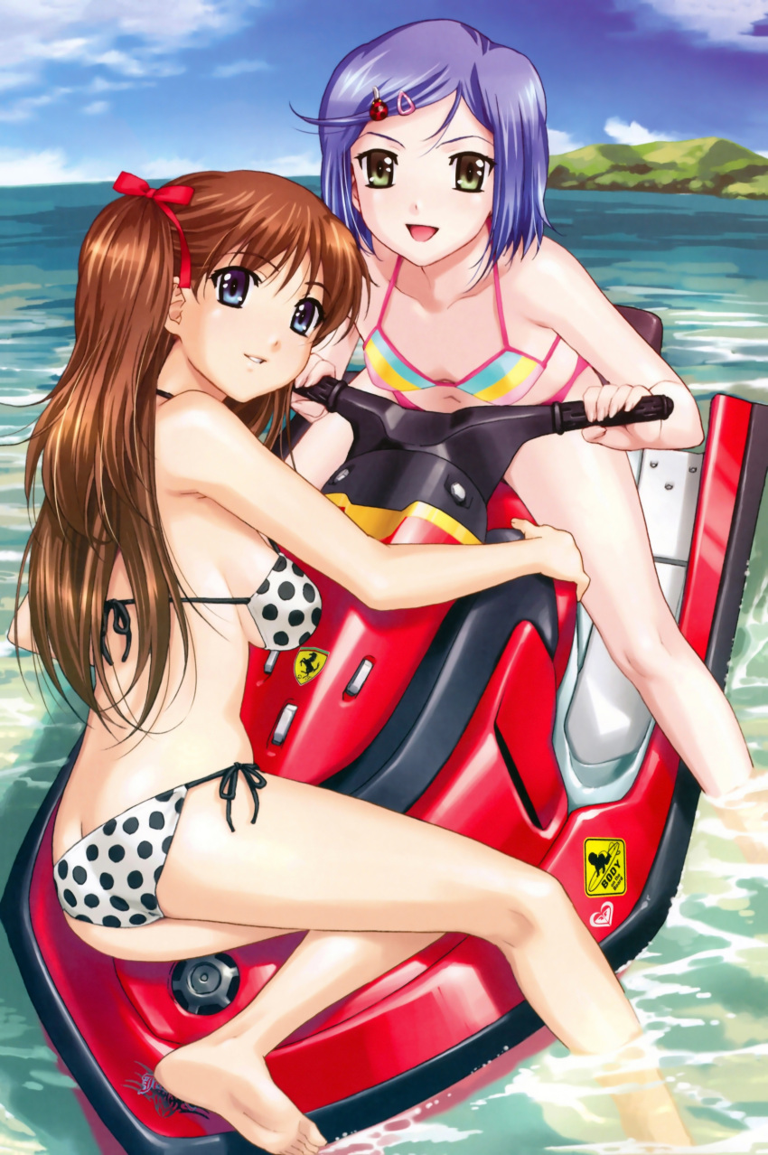 absurdres amamiya_momona ass bare_legs bare_shoulders barefoot bikini blue_eyes blue_hair blue_sky bow breasts brown_hair butt_crack feet feet_in_water green_eyes hair_bow hair_ornament hairclip happoubi_jin highres jet_ski koromogae_maya long_hair looking_at_viewer looking_back multicolored_bikini multiple_girls navel partially_submerged polka_dot polka_dot_bikini polka_dot_swimsuit resort_boin riding scan shiny shiny_skin short_hair side-tie_bikini sideboob sky smile soaking_feet striped striped_bikini striped_swimsuit swimsuit two_side_up water