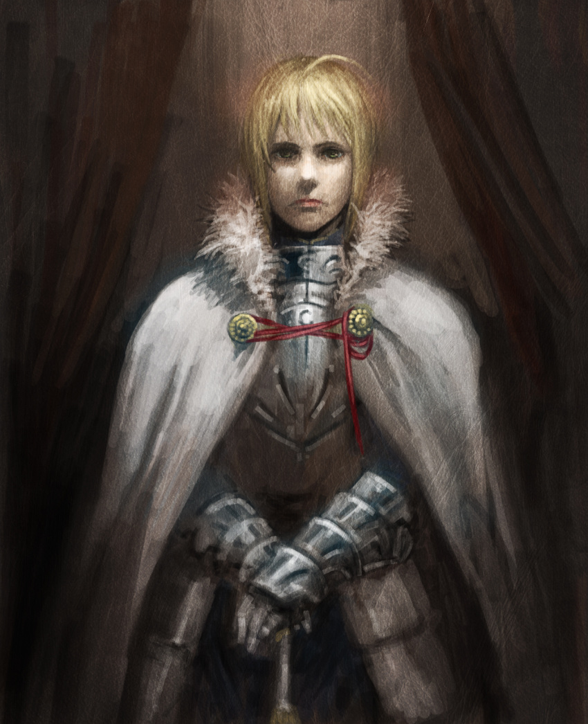 ahoge armor armored_dress blonde_hair cape cowboy_shot fate/zero fate_(series) faux_traditional_media gauntlets green_eyes hands_on_hilt highres portrait realistic saber solo sword weapon yashiro50
