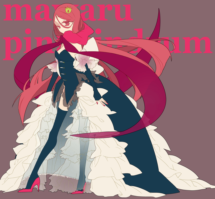black_legwear brown_background colored_eyelashes crown detached_sleeves frills high_heels highleg long_hair long_skirt looking_at_viewer mawaru_penguindrum nail_polish princess_of_the_crystal red_eyes red_hair red_shoes redhead scarf shoes simple_background skirt solo standing strapless takakura_himari thigh-highs thighhighs title_drop yamada_kei