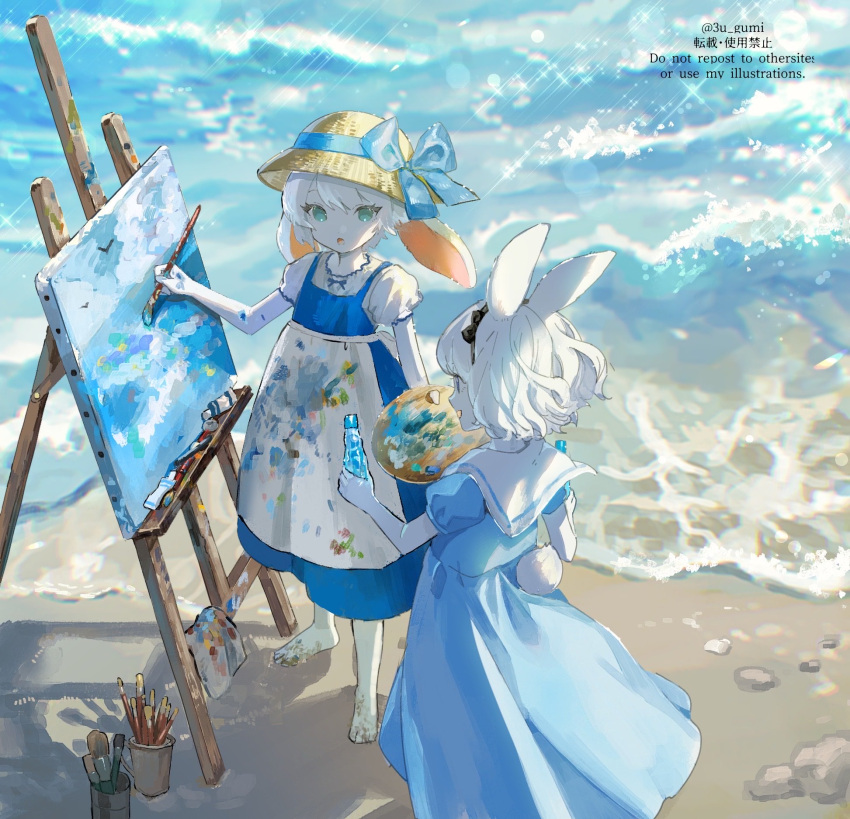 2girls :d :o animal_ears ao_o81 aqua_eyes barefoot black_bow black_hairband blue_bow blue_dress bottle bow bow_hairband commentary dress easel floppy_ears from_above hairband hat hat_bow highres holding holding_bottle holding_paintbrush lop_rabbit_ears medium_dress multiple_girls open_mouth original outdoors paintbrush painting_(action) painting_(object) pinafore_dress puffy_short_sleeves puffy_sleeves rabbit_ears rabbit_girl rabbit_tail sailor_collar sailor_dress sand shirt shore short_hair short_sleeves sleeveless sleeveless_dress smile sparkle standing straw_hat tail twitter_username untranslatable_commentary water water_bottle watermark wavy_hair white_hair white_sailor_collar white_shirt