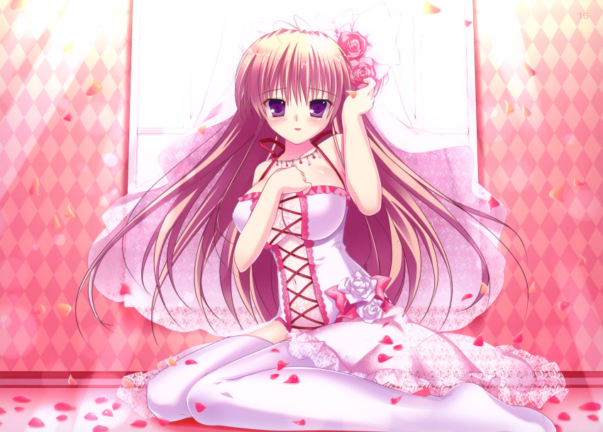 absurdres breasts brown_hair cleavage copyright_request dress highres jewelry knees_together_feet_apart large_breasts mikeou necklace no_panties nopan petals pink_chuchu purple_eyes see-through see_through sitting thigh-highs thighhighs violet_eyes wariza wedding_dress