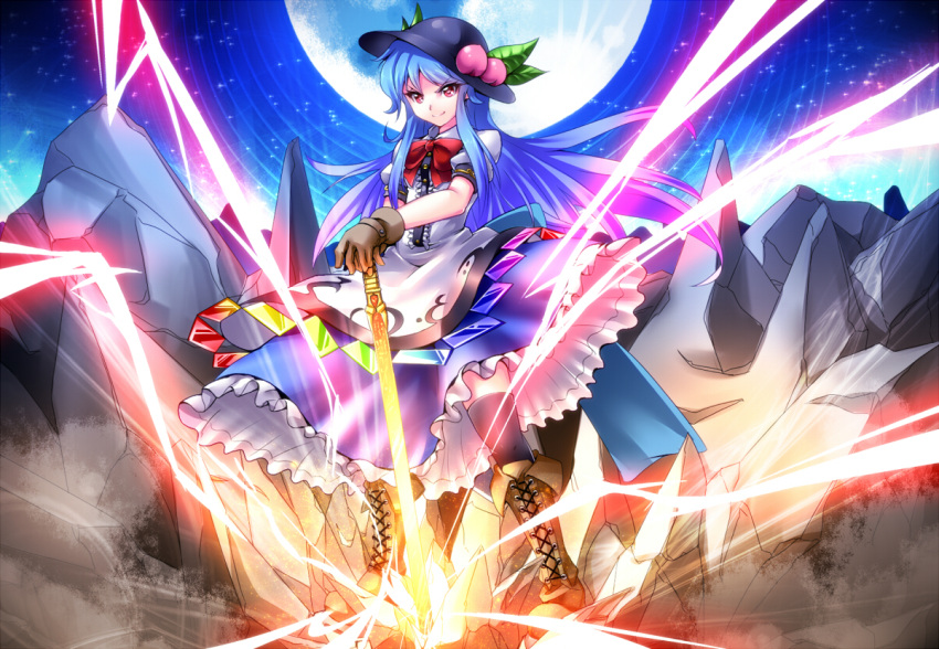 black_legwear blue_hair boots electricity food fruit full_moon gloves hands_on_hilt hat hinanawi_tenshi kimagure_ringo long_hair moon peach planted_sword planted_weapon red_eyes smile smirk solo sword sword_of_hisou thigh-highs thighhighs touhou weapon