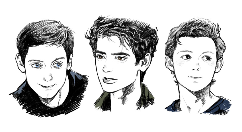 3boys 3gyuu aegyo_sal andrew_garfield blue_eyes blush brown_eyes closed_mouth commentary_request highres korean_commentary looking_to_the_side male_focus marvel multiple_boys peter_parker portrait short_hair simple_background smile spider-man spider-man:_no_way_home spider-man_(series) spot_color the_amazing_spider-man tobey_maguire tom_holland