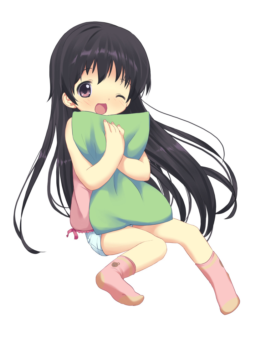 absurdres anyannko black_hair highres open_mouth original pillow pillow_hug purple_eyes simple_background sitting socks solo violet_eyes white_background wink