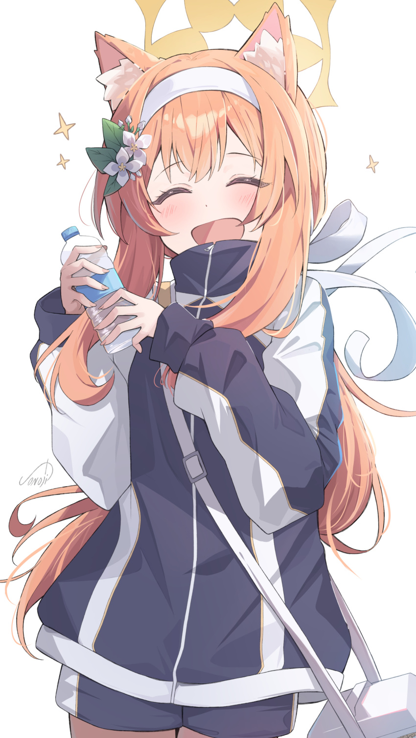 1girl :d absurdres animal_ear_fluff animal_ears bag black_jacket black_shorts blue_archive blush bottle cat_ears closed_eyes commentary facing_viewer flower gym_uniform hair_flower hair_ornament hair_ribbon hairband halo highres holding holding_bottle jacket long_hair low_ponytail mari_(blue_archive) mari_(track)_(blue_archive) multi-source_commentary multicolored_jacket official_alternate_costume open_mouth orange_hair ponytail ribbon shorts shoulder_bag simple_background smile solo sonoji track_jacket two-tone_jacket water_bottle white_background white_hairband yellow_halo