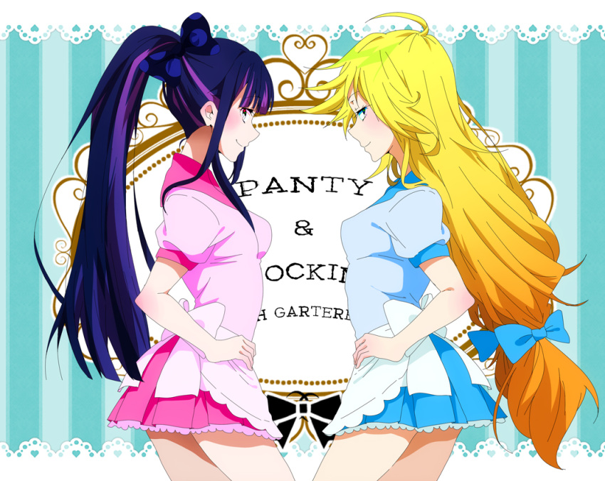 ahoge alternate_costume alternate_hairstyle apron blonde_hair bow doily flat_gaze hair_bow harutiki long_hair low-tied_long_hair multicolored_hair multiple_girls panty_&amp;_stocking_with_garterbelt panty_(psg) ponytail profile stocking_(psg) striped striped_background title_drop