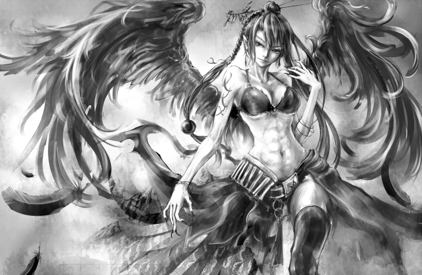 abs bad_id belt bikini_top demon_girl feathers fingernails grey hair_stick highres long_fingernails marimo_ouji monochrome navel original pointy_ears solo thigh-highs thighhighs wings