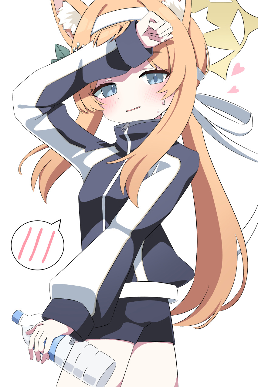 1girl absurdres animal_ear_fluff animal_ears blue_archive bottle flower gym_shirt gym_shorts gym_uniform hair_flower hair_ornament hairband halo highres holding holding_bottle jacket kashiwa0702 long_hair looking_at_viewer mari_(blue_archive) mari_(track)_(blue_archive) multicolored_jacket official_alternate_costume orange_hair plastic_bottle shirt shorts simple_background track_jacket two-tone_jacket water_bottle white_background white_flower white_hairband yellow_halo