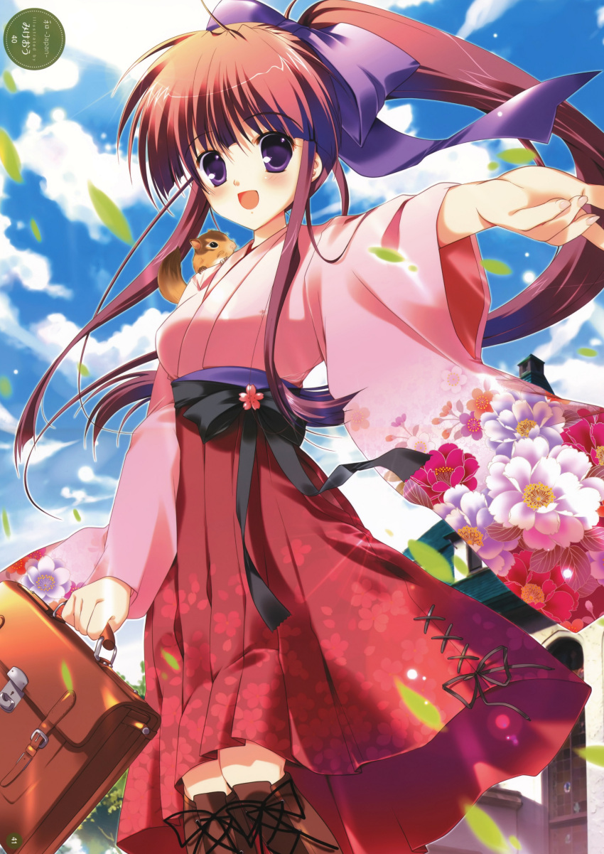 :d absurdres animal boots briefcase brown_hair floral_print furisode hakama hakama_skirt highres holding japanese_clothes kimono leaf long_hair mikeou open_mouth original outstretched_arm ponytail purple_eyes smile solo violet_eyes wind yukata