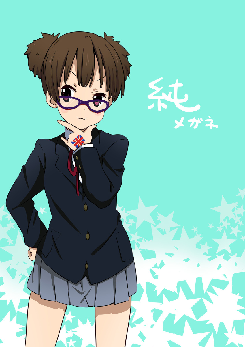 &gt;:3 :3 bespectacled brown_eyes brown_hair character_name flag glasses hand_to_chin highres k-on! ragho_no_erika raised_eyebrows school_uniform short_hair short_twintails smile solo suzuki_jun tattoo twintails