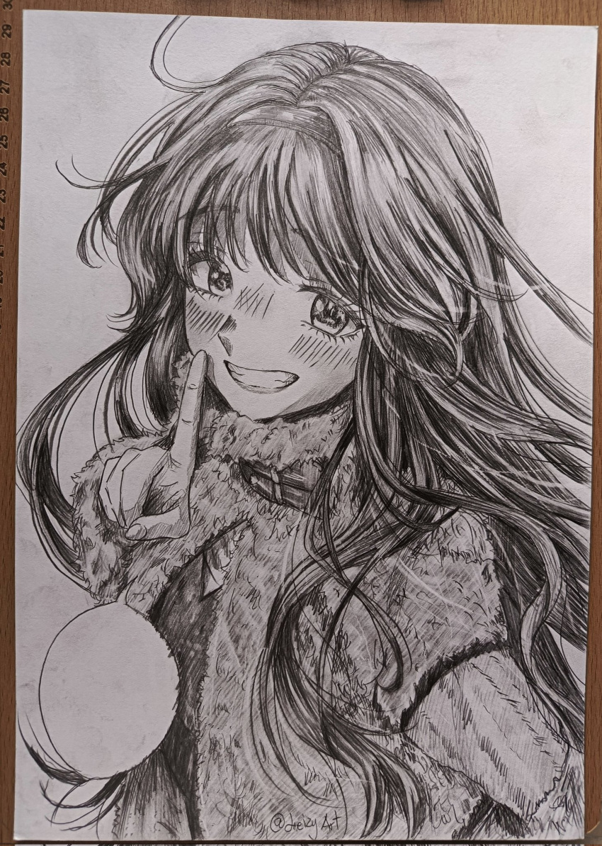 1girl blank_speech_bubble blush commentary finger_to_mouth graphite_(medium) greyscale grin hand_up highres index_finger_raised kaoru_hana_wa_rin_to_saku leizyart long_hair long_sleeves looking_at_viewer monochrome shushing smile solo speech_bubble sweat traditional_media twitter_username upper_body waguri_kaoruko wavy_hair