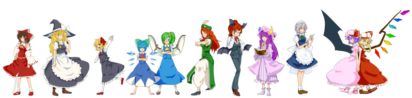absurdres alternate_hairstyle back-to-back bespectacled blonde_hair cirno crossed_arms daiyousei dango_ya fighting_stance flandre_scarlet glasses hakurei_reimu hand_holding highres holding_hands hong_meiling izayoi_sakuya kirisame_marisa koakuma long_image low_wings multiple_girls outstretched_arms pants patchouli_knowledge ponytail remilia_scarlet rumia simple_background spread_arms the_embodiment_of_scarlet_devil touhou white_background wide_image wings youkai