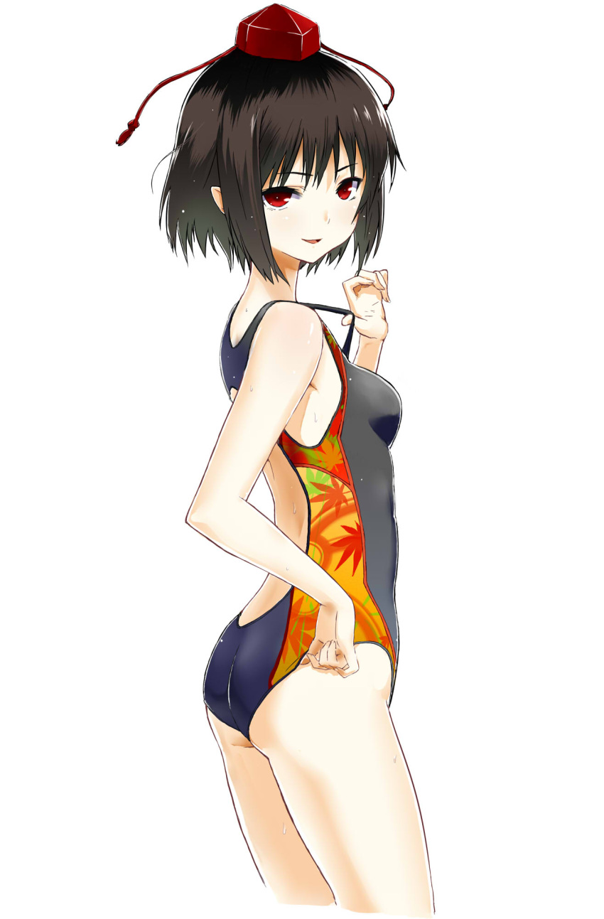bare_shoulders black_hair breasts brown_hair competition_swimsuit cyiell_(c1) hat highres jpeg_artifacts looking_at_viewer looking_back naughty_face one-piece_swimsuit pointy_ears print_swimsuit red_eyes shameimaru_aya short_hair simple_background smirk solo swimsuit swimsuit_tug tokin_hat touhou wet white_background