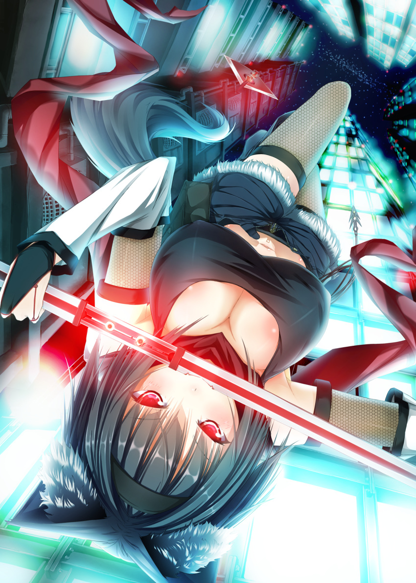 animal_ears black_hair breasts building cat_ears city_lights cleavage falling fangs fishnets fox_ears hairband highres holding midriff mouth_hold navel ninja original re:n_ne red_eyes red_scarf scarf short_hair shorts smile solo sword tail thigh-highs thighhighs upside-down weapon