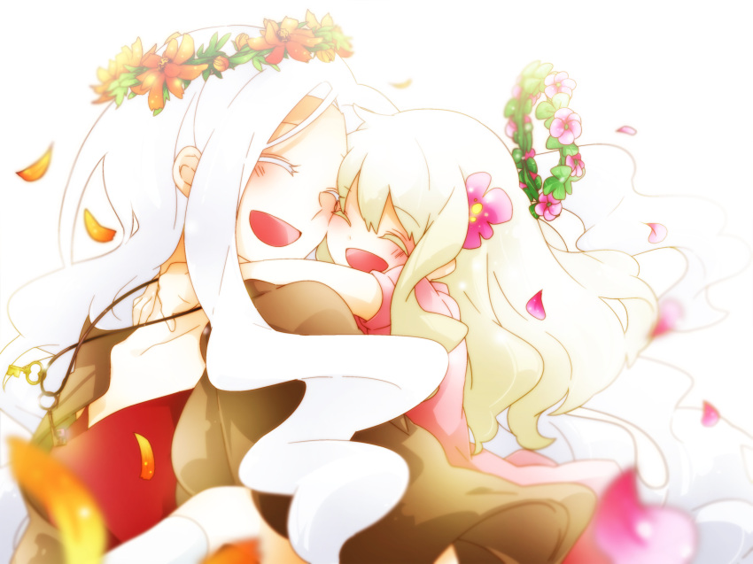 age_difference blush closed_eyes dress eyes_closed flower hair_flower hair_ornament happy head_wreath highres hug hug_from_behind jewelry key long_hair mary_(kagerou_project) mother_and_daughter multiple_girls necklace petals shion_(kagerou_project) smile souzou_forest_(vocaloid) very_long_hair vocaloid wannyanpu white_hair